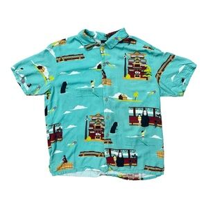 Studio Ghibli Spirited Away Chihiro No-Face Scenic Teal Woven Button-Up Size M